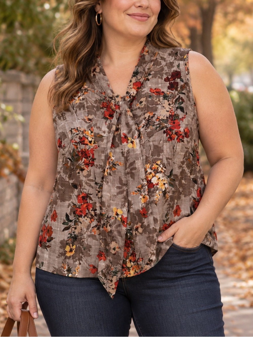 Talbots Fall / Autumn Floral Plaid Tie Neck Top Blouse Sz 2X
